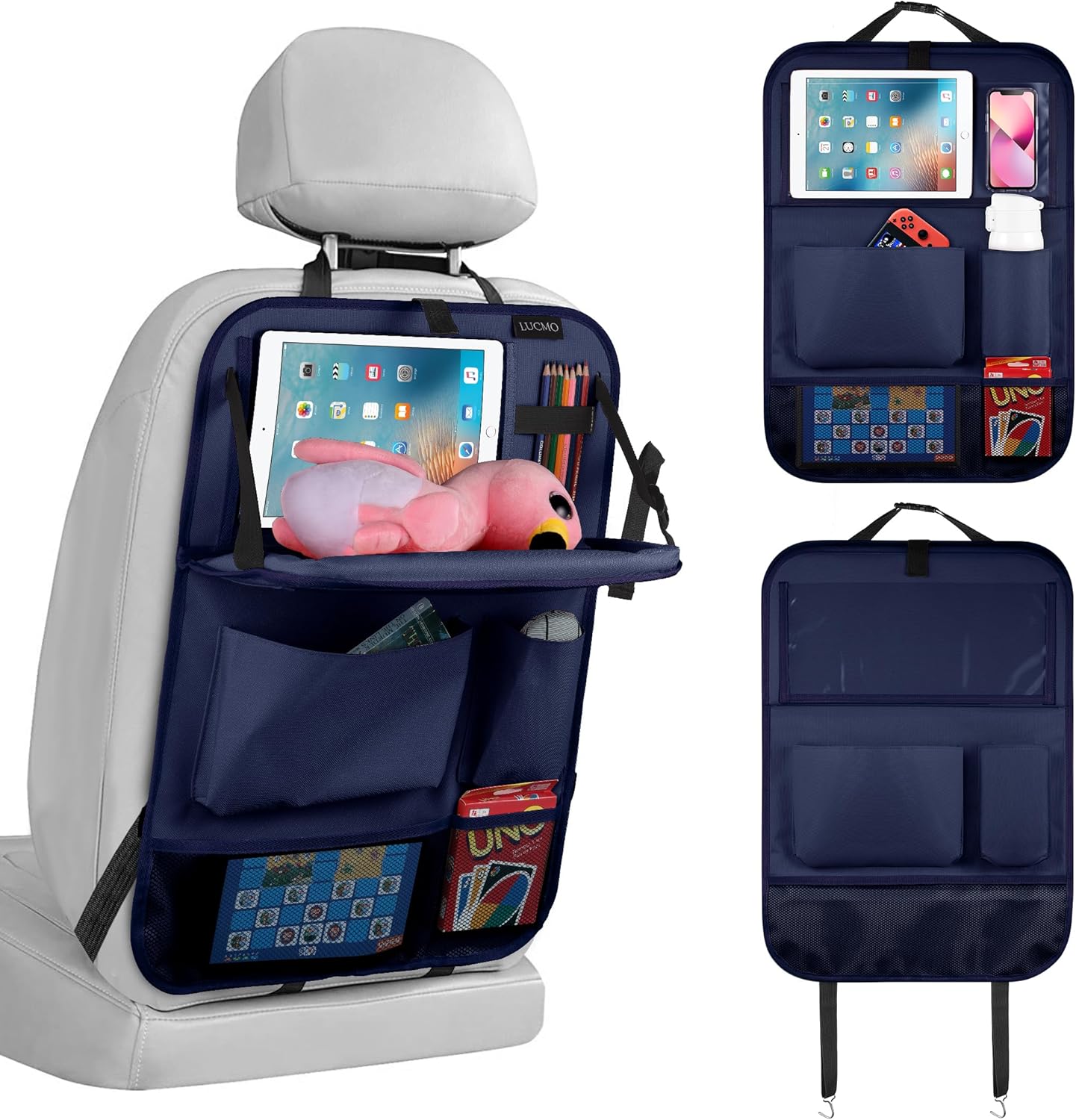 LUCMO Car Backseat Organizer with Tablet Holder,6 Storage Pockets Car Storage Organizer with Foldable Food Tray,Protectors Kick Mats Travel Accessories-Black