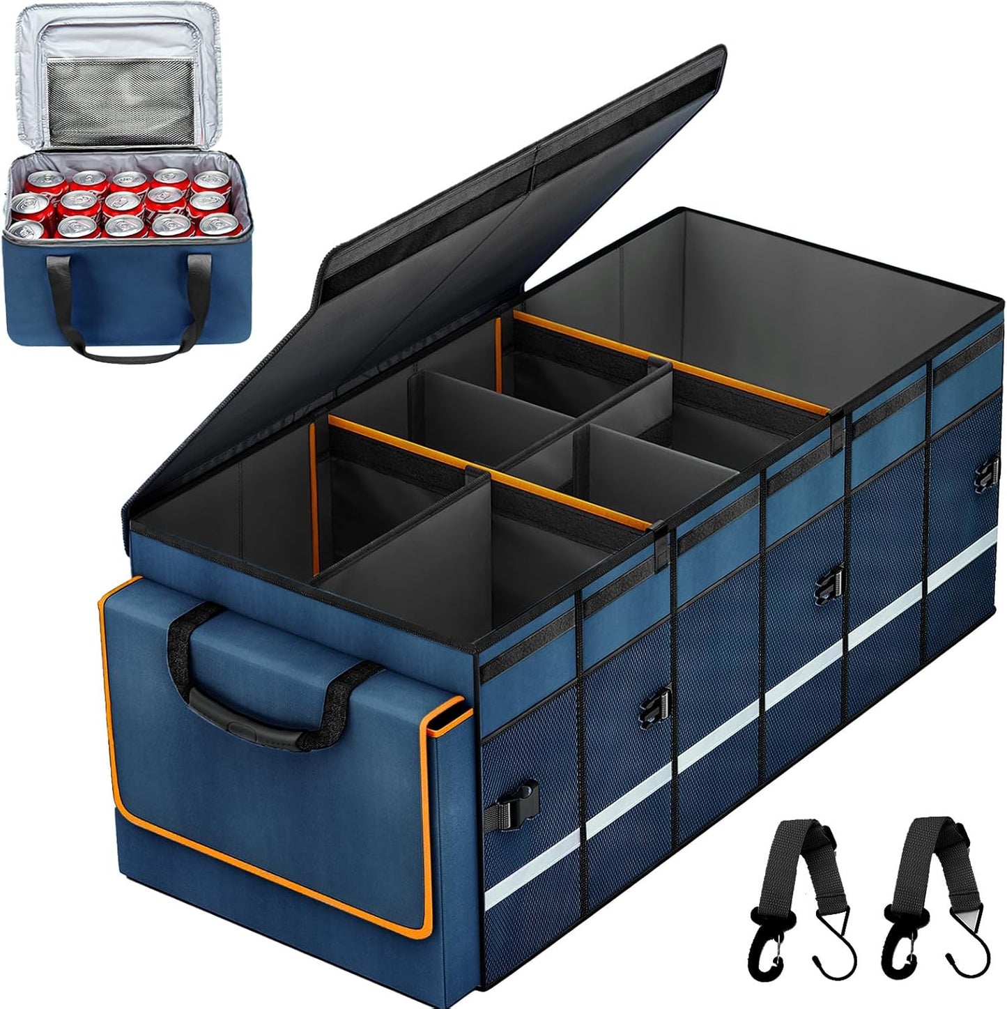 Car Trunk Organizer and Storage with Lid & Removable Leakproof Cooler Bag, Car Accessories 6 Removable Dividers for Custom Space, Collapsible Large Trunk Organizers Interior for SUV Sendan with Cover