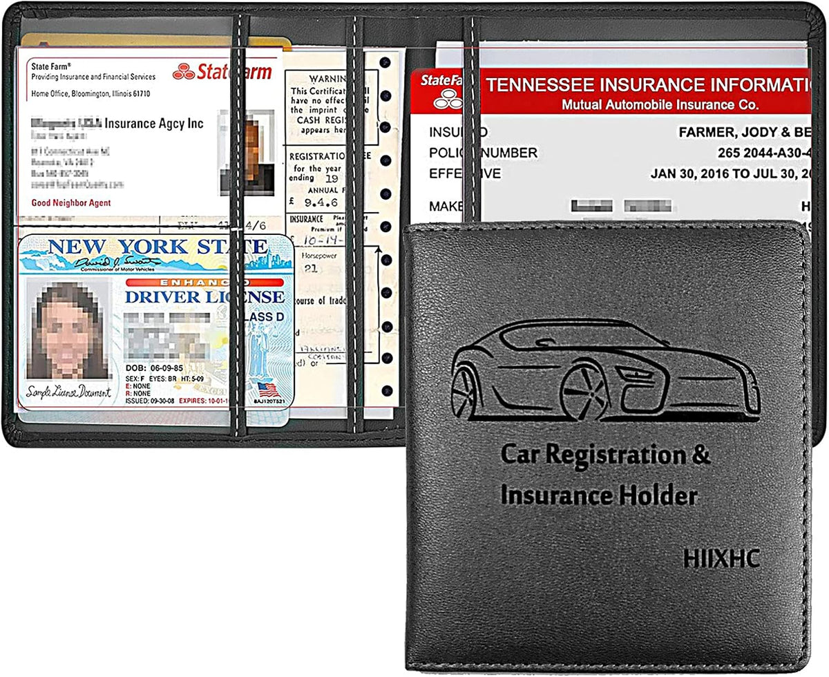 Car Registration and Insurance Card Holder - Leather Vehicle Glove Box Automobile Documents Paperwork Wallet Case Organizer for ID, Driver's License, Key, Cards - Car Accessories for Women&Men