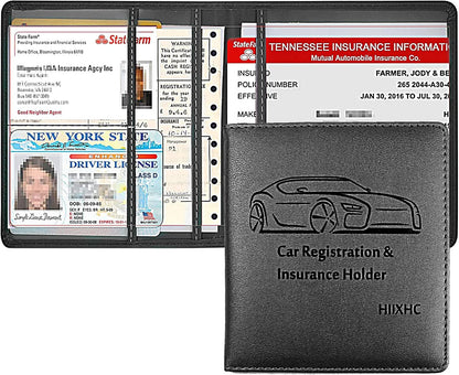 Car Registration and Insurance Card Holder - Leather Vehicle Glove Box Automobile Documents Paperwork Wallet Case Organizer for ID, Driver's License, Key, Cards - Car Accessories for Women&Men