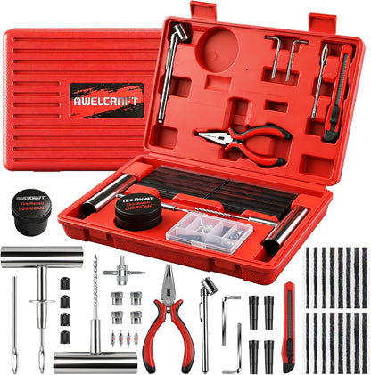 AWELCRAFT 10-Piece Economical Tire Repair Kit – Flat Tire Plug Kit with T-Handle Tools, Storage Case – Fix Punctures Fast, No Tire Removal Needed – Ideal for Car, Truck, Motorcycle, ATV