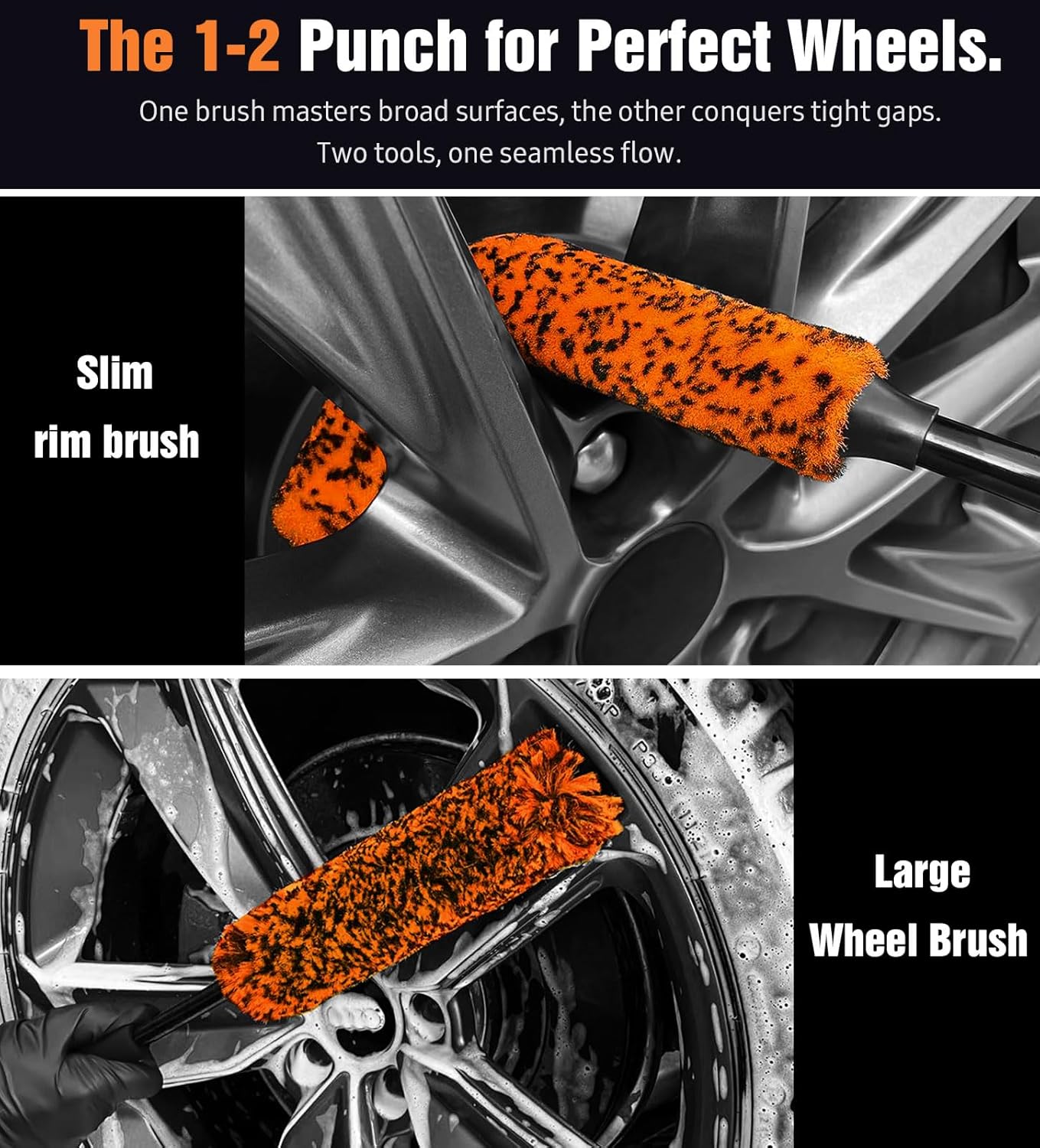 YeewayVeh 3PCS Quick Car Wheel Brush Kit, 2-Size 360° Bendale Rim Cleaner Brushes, Boars Hair Detailing Brush, Fast Scratch-Free Cleaning for Car Wheels, Motorcycle, Orange