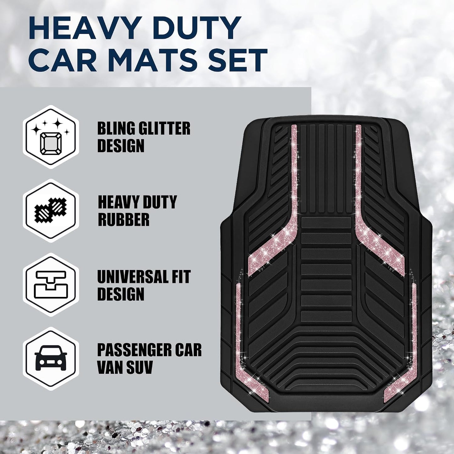 PIC AUTO Heavy Duty Rubber Floor Mats, Purple Aluminum Film Car Mats Set, Front and Rear Car Mats with Anti-Slip Backing, All Weather Protection, Trim-to-Fit for Automotive SUV, Sedan, Van
