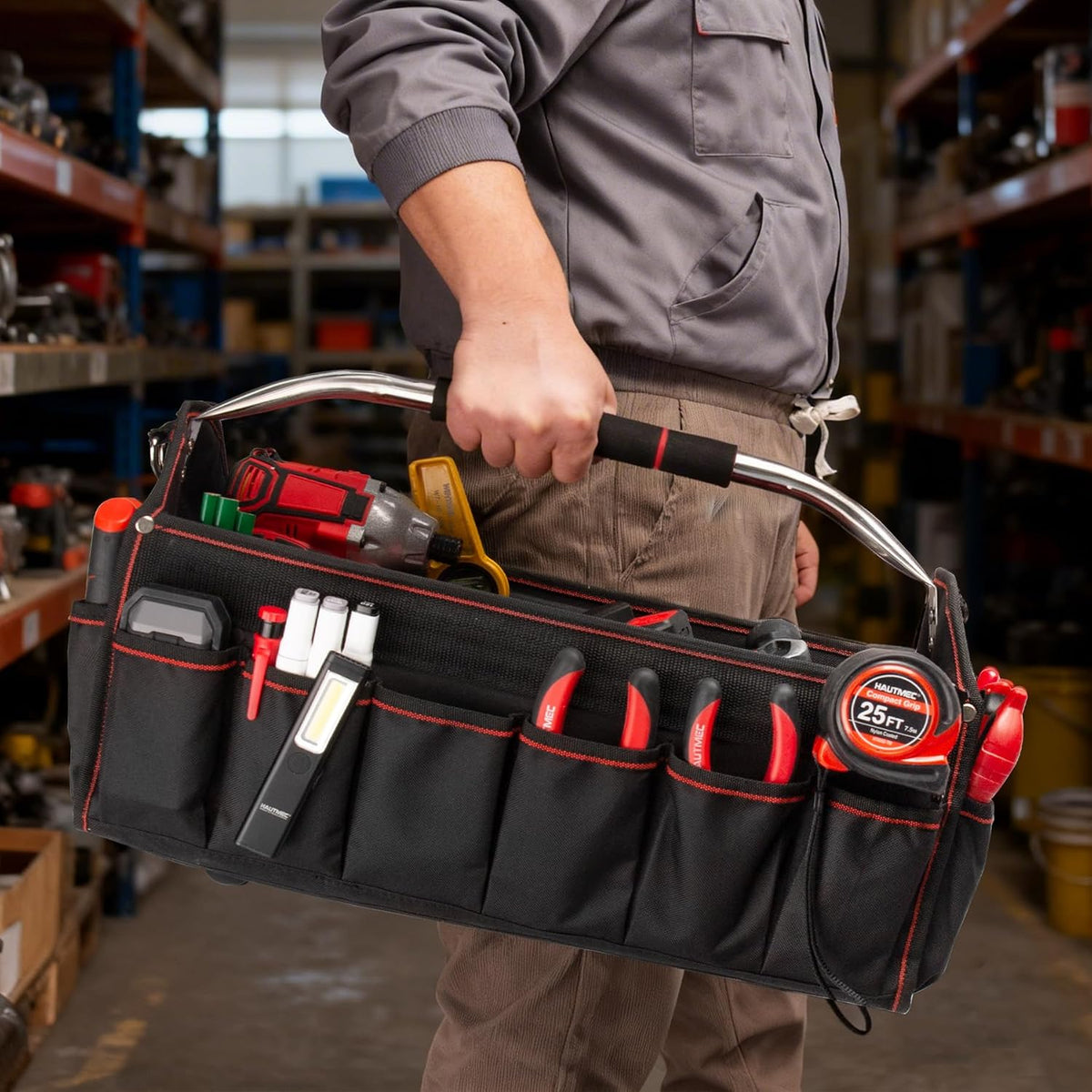 HAUTMEC 13 Inch Tool Bag, Foldable Open Top Tool Bag with Stiff Frame, Heavy-Duty Tool Tote with Padded Handle, Water-Resistant Base, Portable Tool Organizer for DIY & Jobsite Use – TB0001