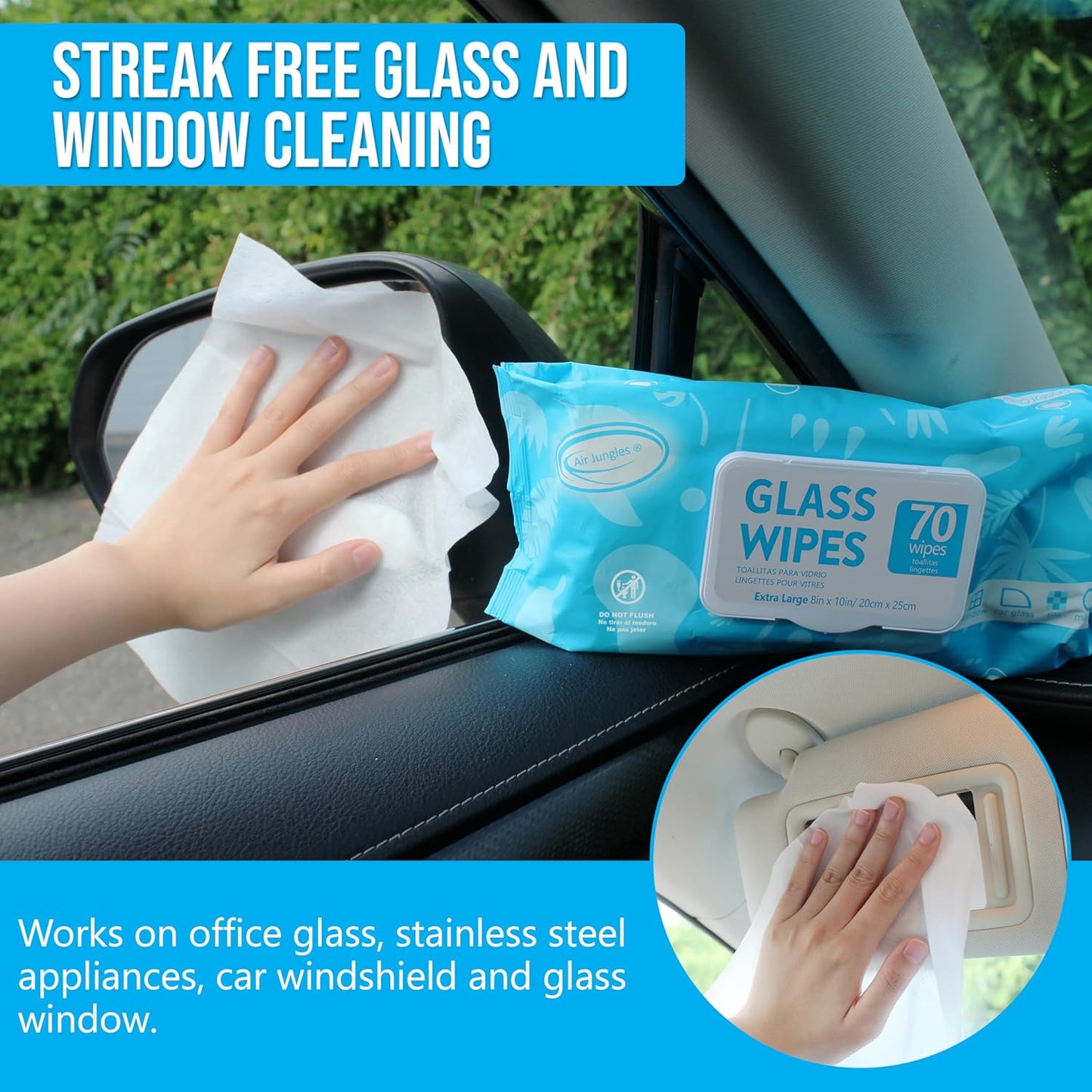Air Jungles 3in1 Leather Cleaner Wipes 70 Count, Extra Large 8" x 10" Size, Clean Condition Protect Wipes for Vinyl and Leather Apparel Furniture Auto Car Interior Shoes Boots Bags