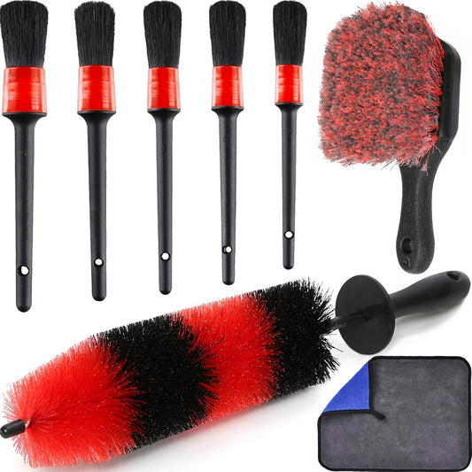 TAKAVU Complete Car Wheel Detailing Kit (8pcs) - Safe Scratch-Free 17" Barrel Brush, Tire Scrubber, 5 Detail Brushes & Towel for Rims, Interior, Exterior