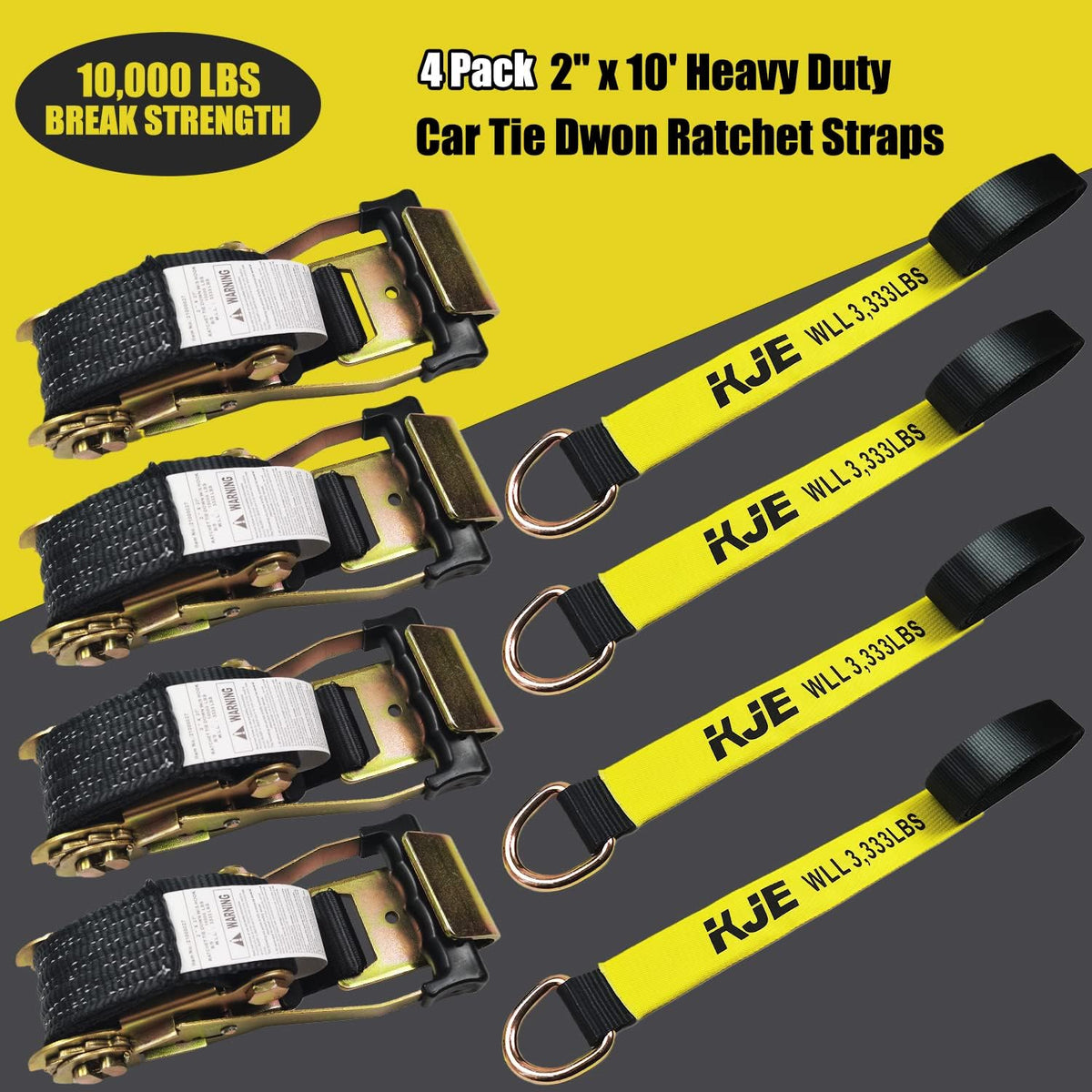 KJE 4 Pack Car Tie Down Straps for Trailers - Tire Ratchet Strap with Flat Hooks - 2" x 10' 10,000LBS Break Strength - Lasso Style Wheel Straps for Hauling UTV, SUV, Any Cars
