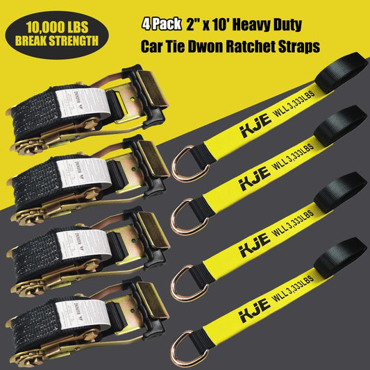 KJE 4 Pack Car Tie Down Straps for Trailers - Tire Ratchet Strap with Flat Hooks - 2" x 10' 10,000LBS Break Strength - Lasso Style Wheel Straps for Hauling UTV, SUV, Any Cars