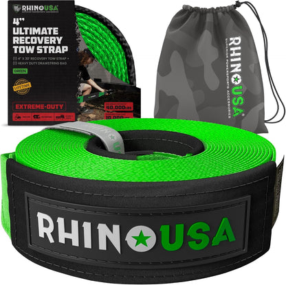 Rhino USA Recovery Tow Strap (3" x 20') - 31,518lb Break Strength - Emergency Recovery Strap Tow Rope for Truck, UTV, ATV & More - Heavy Duty Towing Strap for Offroad 4x4 Use - Compatible with Jeep
