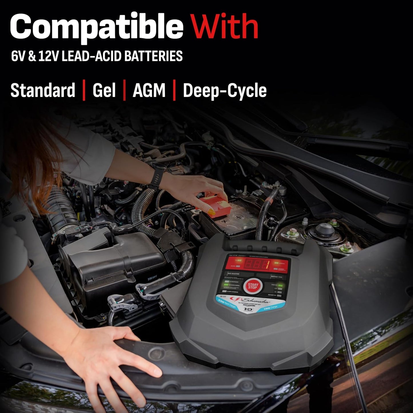 Schumacher Electric Car Battery Charger 12V/6V - Trickle Charger, Maintainer for Automobile & Marine Batteries (AGM/Gel/Deep Cycle) - SC1280