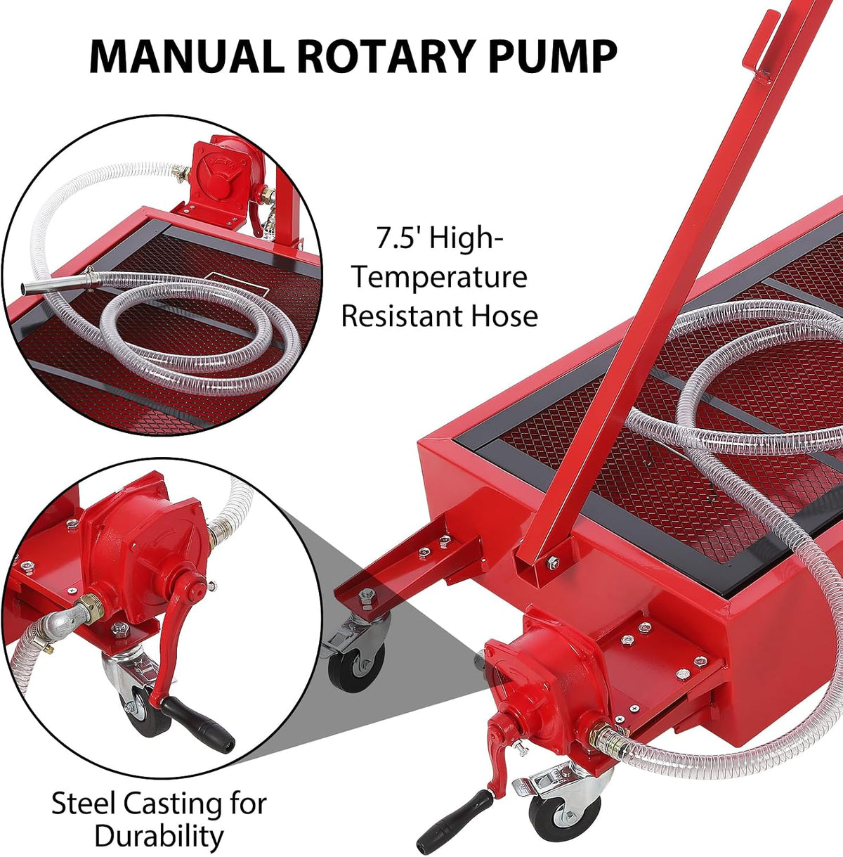 Garvee 20 gal Oil Drain Pan Oil Drain Tank, 76 L Low Profile Oil Drain Pan, Large Capacity Oil Change Pan with Manual Pump & T Foldable Hand and Wheels, 8 ft Hose Oil Drain Cart for Car, SUV, Trucks