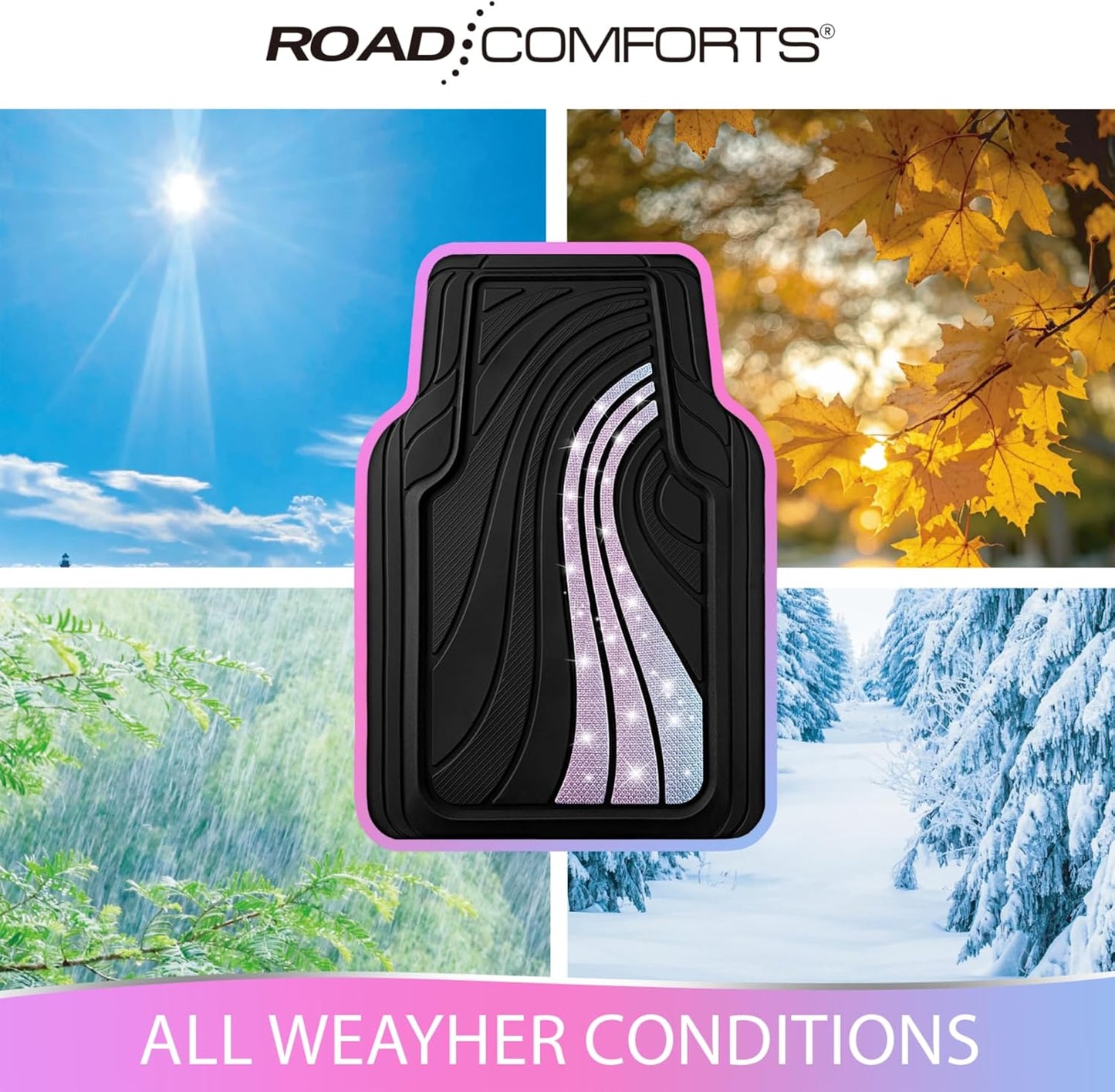 Road Comforts Car Floor Mats Full Set – Front & Rear Car Floor Mats with Aluminum Design, Anti-Slip Backing, All-Weather Protection, Trim-to-Fit Car Mats for Most Sedans, SUVs & Vans -All Pink