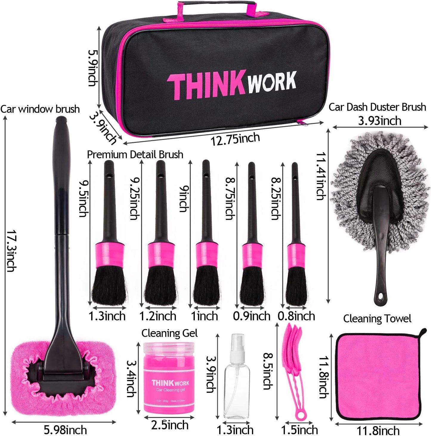 THINKWORK Pink Car Duster Interior Kit, Perfect Car Detailing Brush Kit for Cleaning Windows,Windshield,Dashboard and Air Vents Suitable for All Cars