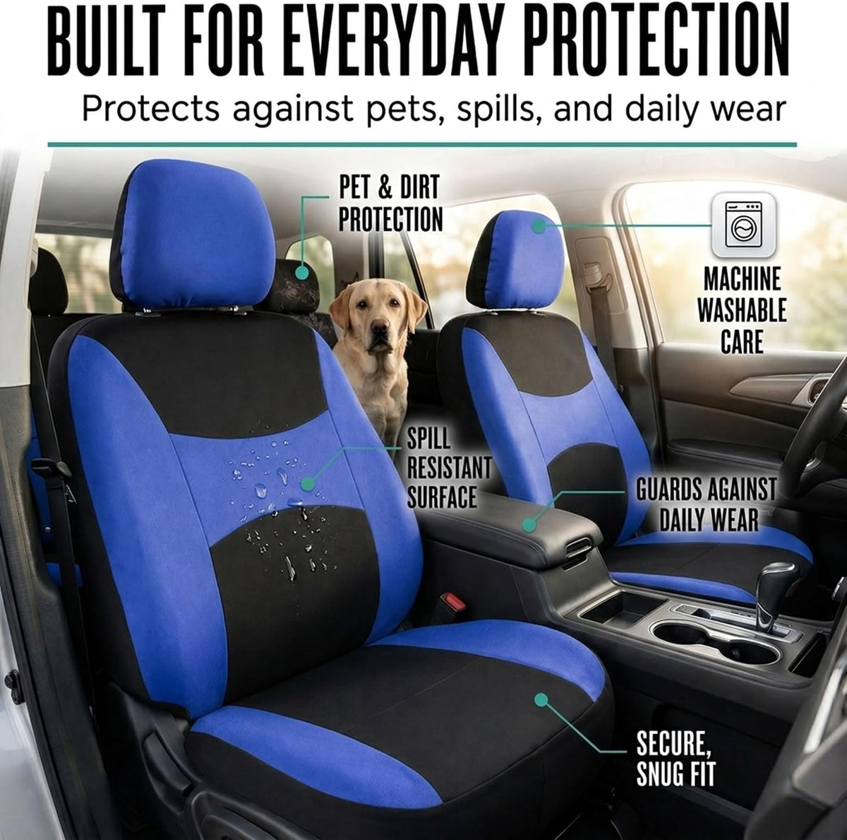 FH Group Full Set Cloth Car Seat Covers, Universal Fit Front and Split Bench Rear, Airbag Compatible, Washable for SUV, Sedan, Van - Black