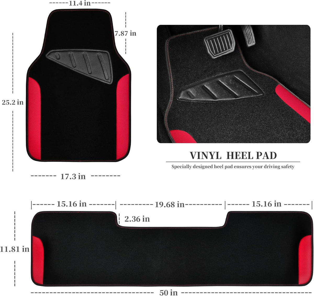CAR PASS Rainbow Waterproof Universal Fit Faux Leather Car Carpet- Anti-Slip Nibbed Backing Floor Mats for SUV, Vans,Sedans,Trucks, Automotive Set of 4 for Women (Black with Red)