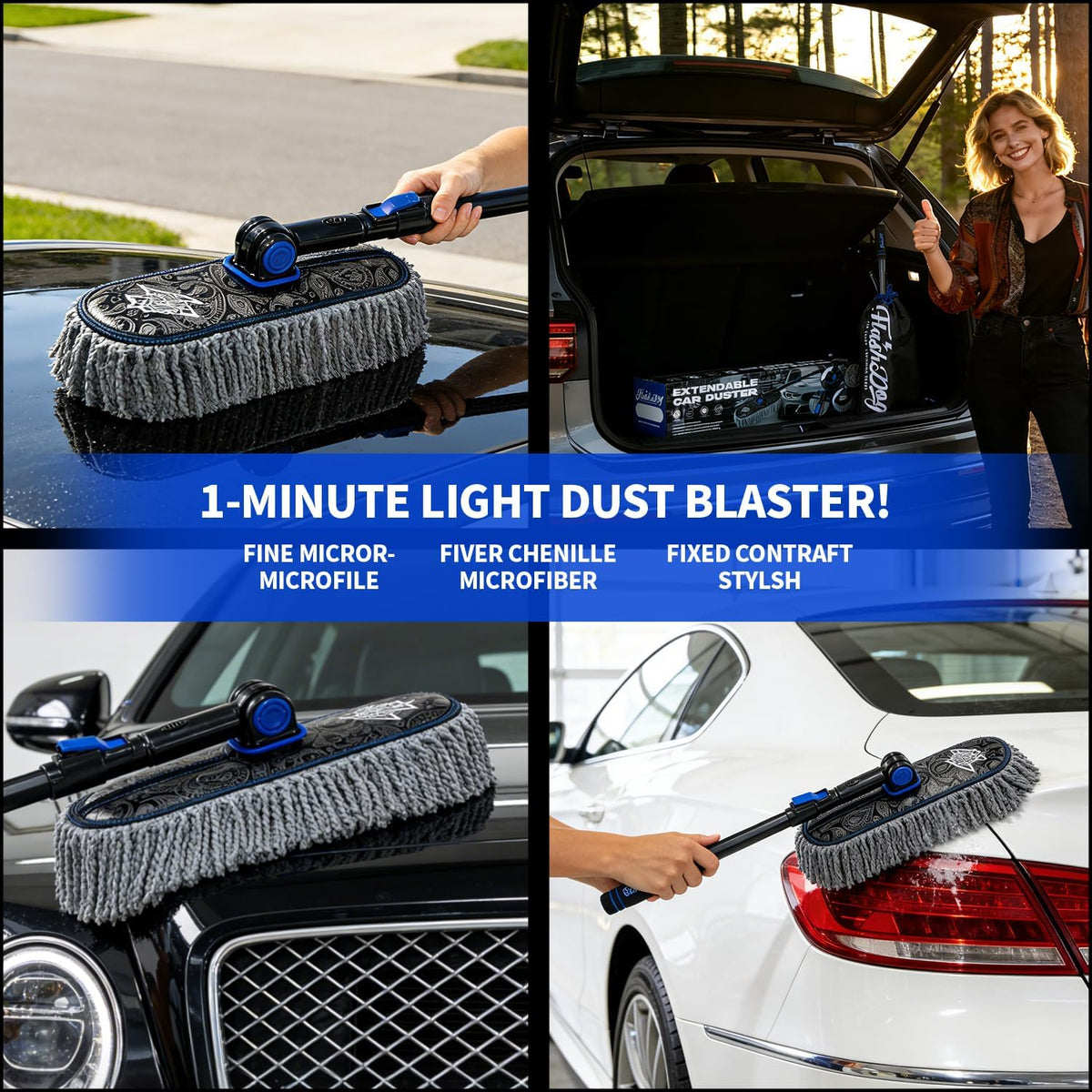 Flash Dog Car Duster Exterior with Car Duster Interior Wax Cotton Hair Scratch Free Cleaning for Cars, SUVs, Trucks | Waterless Dust Remover & Detailing Brushes Set with Storage