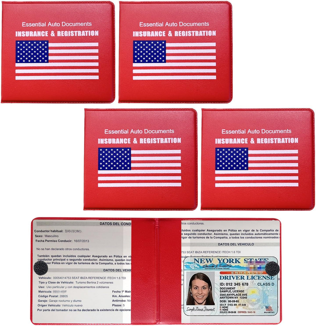 4 PCS Car Registration and Insurance Holder, Vehicle Glove Box Organizers with Closure for License Document, Auto Essential Paperwork Wallet Case Holder, Car Accessories (Black, Car Logo)