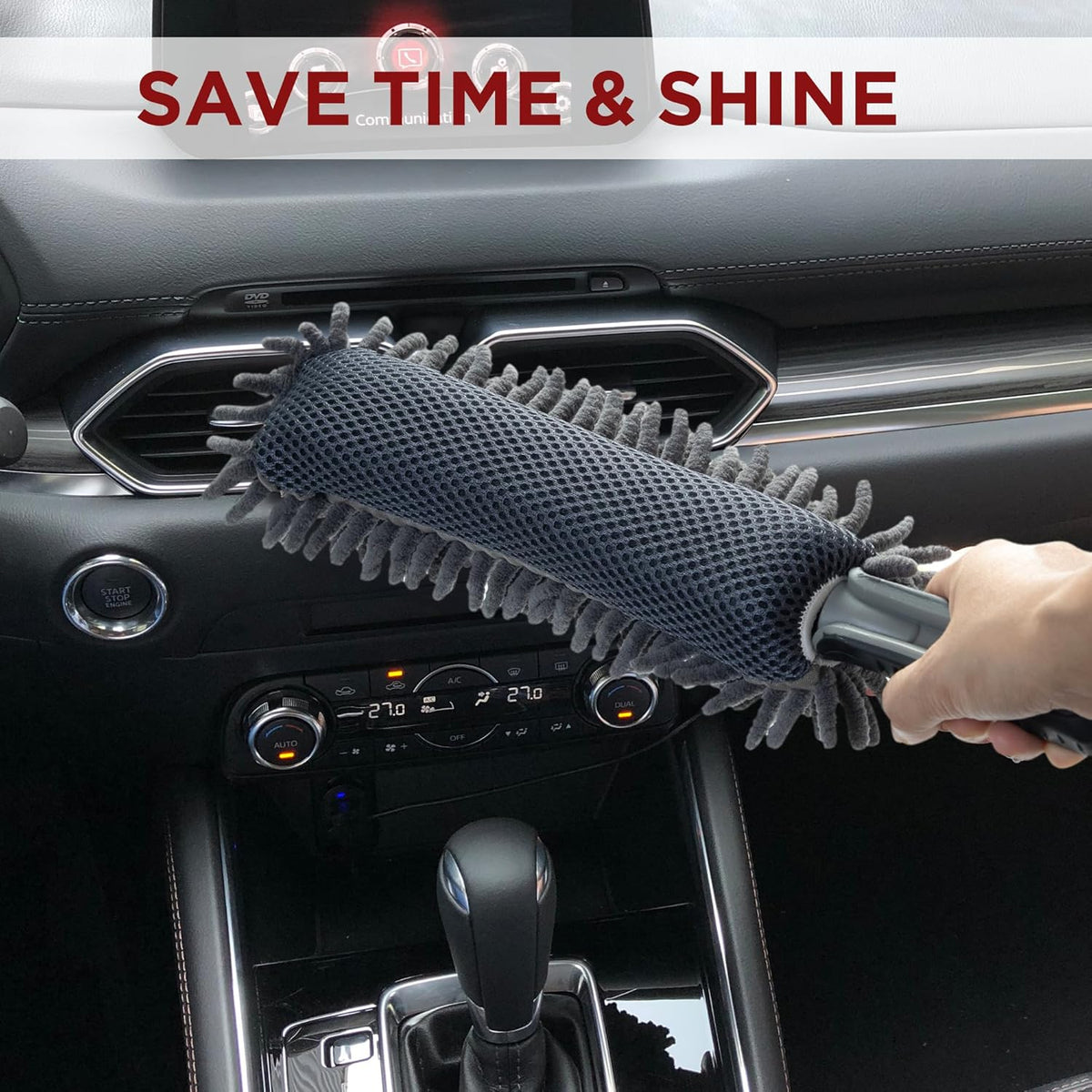 Car Duster Interior by TAKAVU, 360° Microfiber Fingers, Unbreakable Comfort Handle, Lint and Scratch Free, Include Microfiber Towel, for Car & Home Use, The Best Auto Accessories Gray