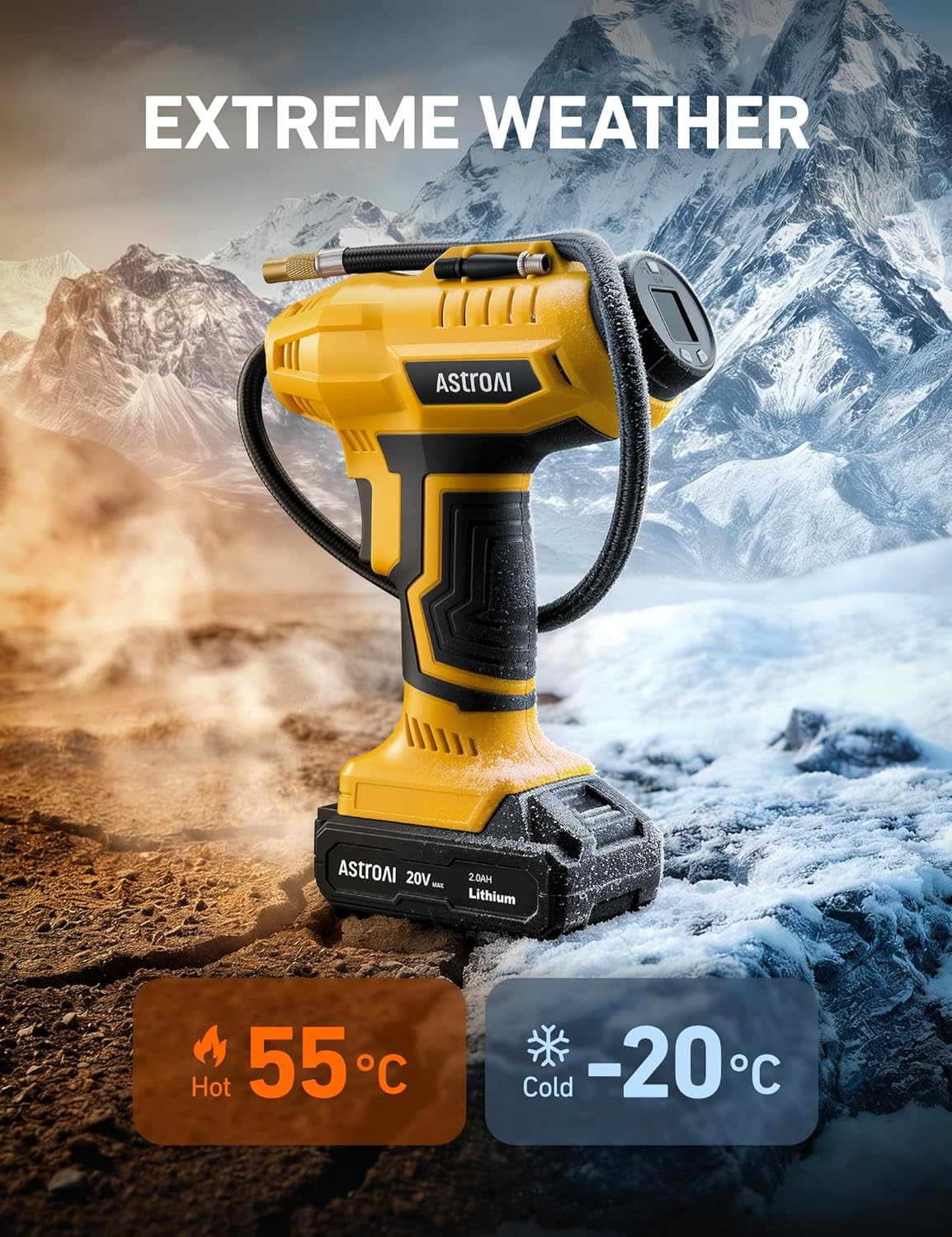 AstroAI Cordless Tire Inflator Portable Air Compressor Fast Inflation 160 PSI Air Pump 20V Rechargeable Battery Powered with 12V DC Adapter Digital Pressure Gauge for Cars Motorcycles Bikes Yellow