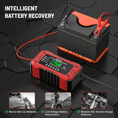 Battery Charger 15A 12V Fully Automatic Smart Trickle Car Battery Charger Maintainer with LCD Display & Temperature Compensation for Car Truck Motorcycle Lawn Mower Boat