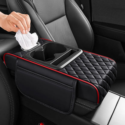 5 in 1 Car Center Console Cover, Armrest Pad with 2 Storage Pockets, Cup Holder, Tissue Slot, Phone Holder, Nappa Leather Memory Foam Car Accessories for SUV Sedan Truck (Black)