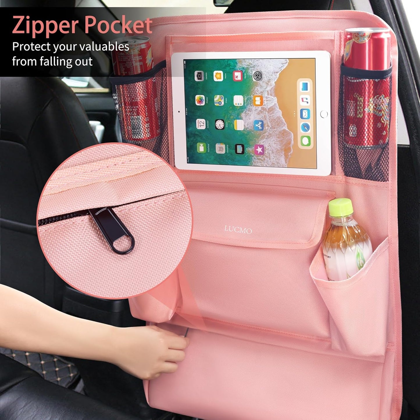 LUCMO Car Backseat Organizer with Tablet Holder,6 Storage Pockets Car Storage Organizer with Foldable Food Tray,Protectors Kick Mats Travel Accessories-Black