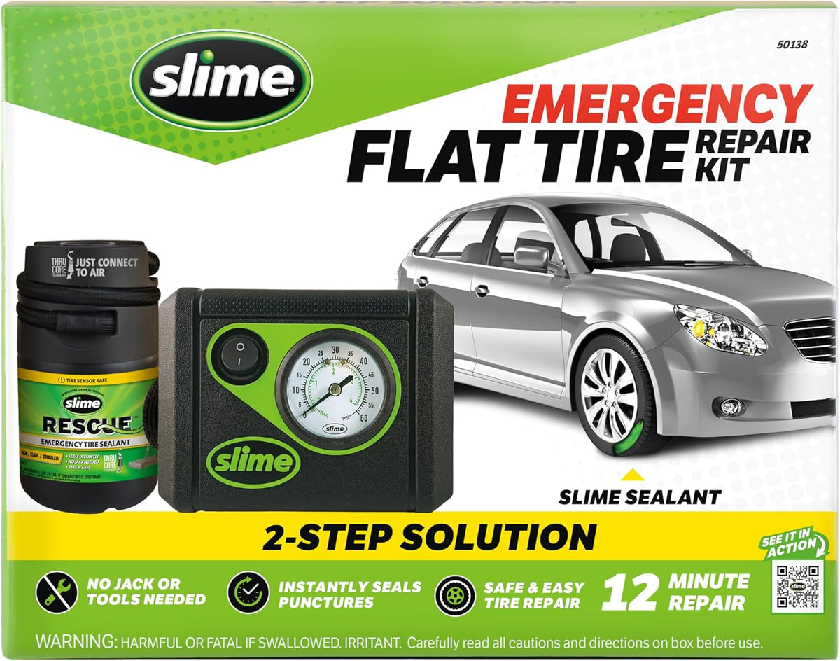 Slime 50107 Flat Tire Puncture Repair, Smart Spair, Emergency Kit For Car Tires, Includes Sealant And Tire Inflator Pump, Suitable For Cars And Other Highway Vehicles, 15 Min Fix