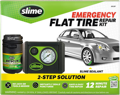 Slime 50107 Flat Tire Puncture Repair, Smart Spair, Emergency Kit For Car Tires, Includes Sealant And Tire Inflator Pump, Suitable For Cars And Other Highway Vehicles, 15 Min Fix
