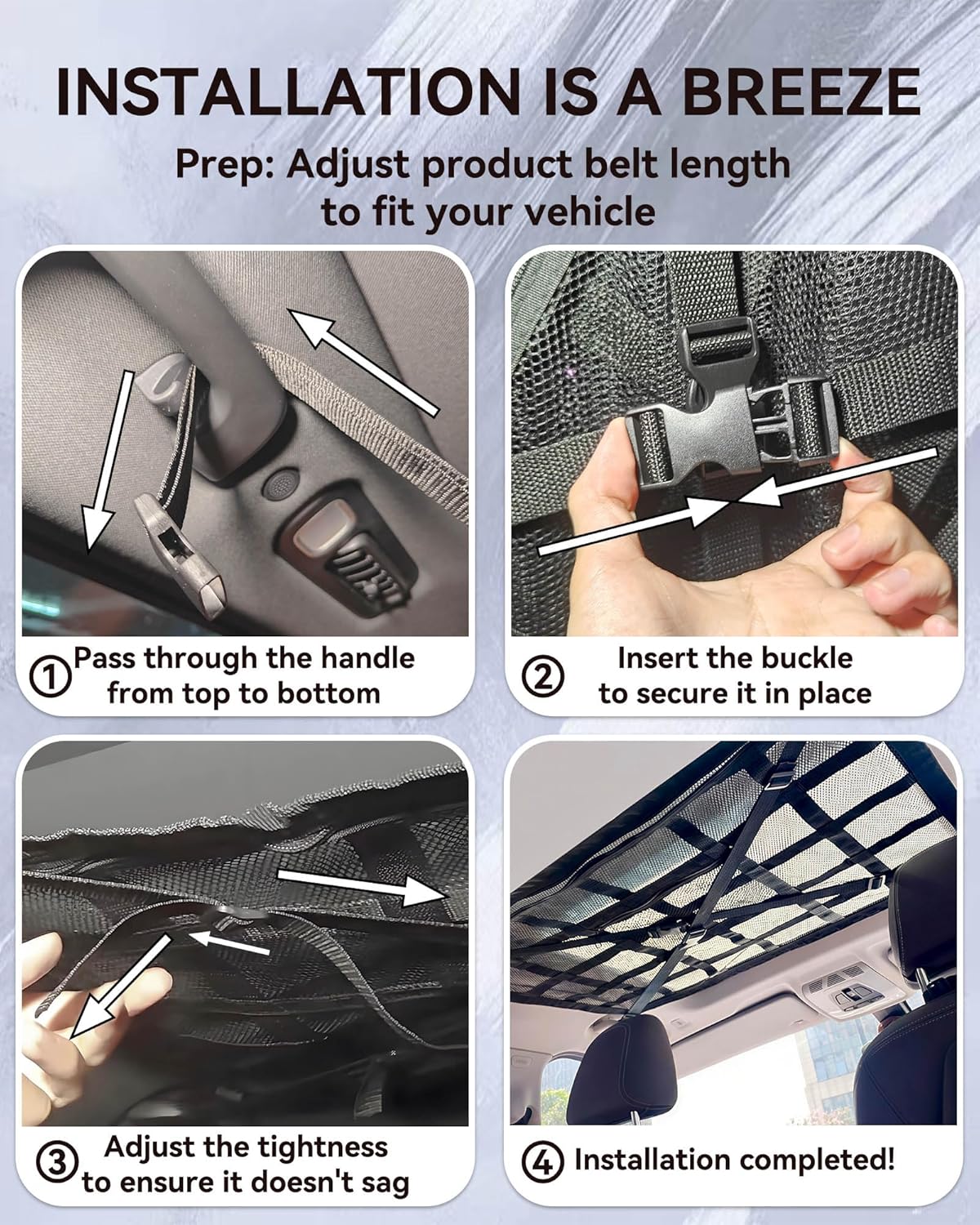 Car Ceiling Cargo Net with 2 Pockets - 35.4"x25.5" Cross-Strap Reinforced Double-Layer Mesh Organizer, Adjustable for SUVs - Road Trips, Camping, Commuting Storage Organization - Black