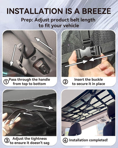 Car Ceiling Cargo Net with 2 Pockets - 35.4"x25.5" Cross-Strap Reinforced Double-Layer Mesh Organizer, Adjustable for SUVs - Road Trips, Camping, Commuting Storage Organization - Black
