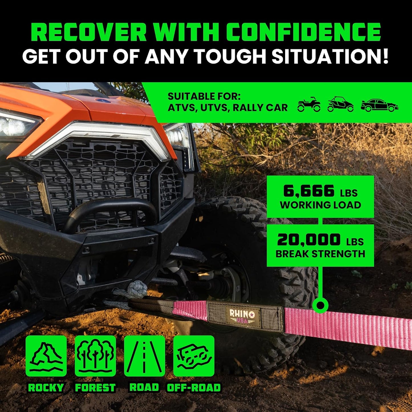 Rhino USA Recovery Tow Strap (3" x 20') - 31,518lb Break Strength - Emergency Recovery Strap Tow Rope for Truck, UTV, ATV & More - Heavy Duty Towing Strap for Offroad 4x4 Use - Compatible with Jeep