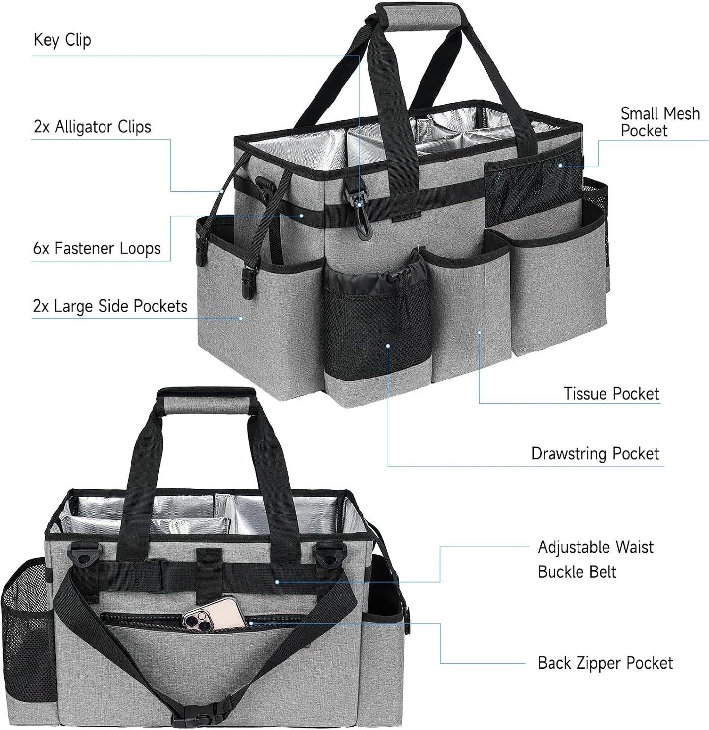Cleaning Caddy Bag, Cleaning Supplies Organizer for Housekeepers, Housekeeping Caddy with Handle and Detachable Padded Cushion, Black