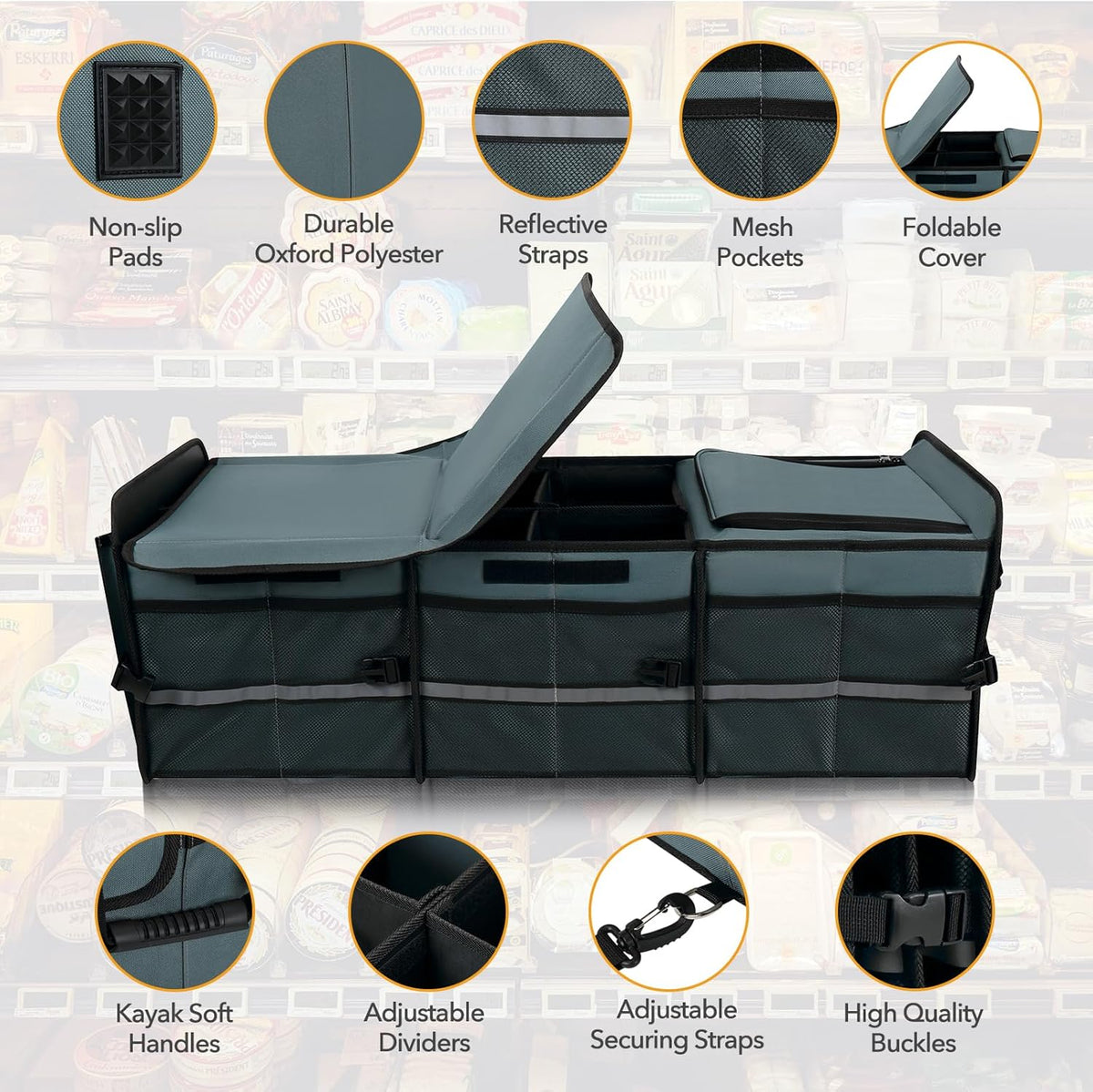 HEYTRIP Large Trunk Organizer With Built-in Leakproof Cooler Bag, 2 Tie-Down Straps, 4 Removable Dividers, Foldable Cover, Built with 2mm PE Board