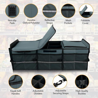 HEYTRIP Large Trunk Organizer With Built-in Leakproof Cooler Bag, 2 Tie-Down Straps, 4 Removable Dividers, Foldable Cover, Built with 2mm PE Board