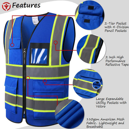 Reflective High Visibility Safety Vest for Men Women with Pockets Zipper Front Meets ANSI/ISEA Standards