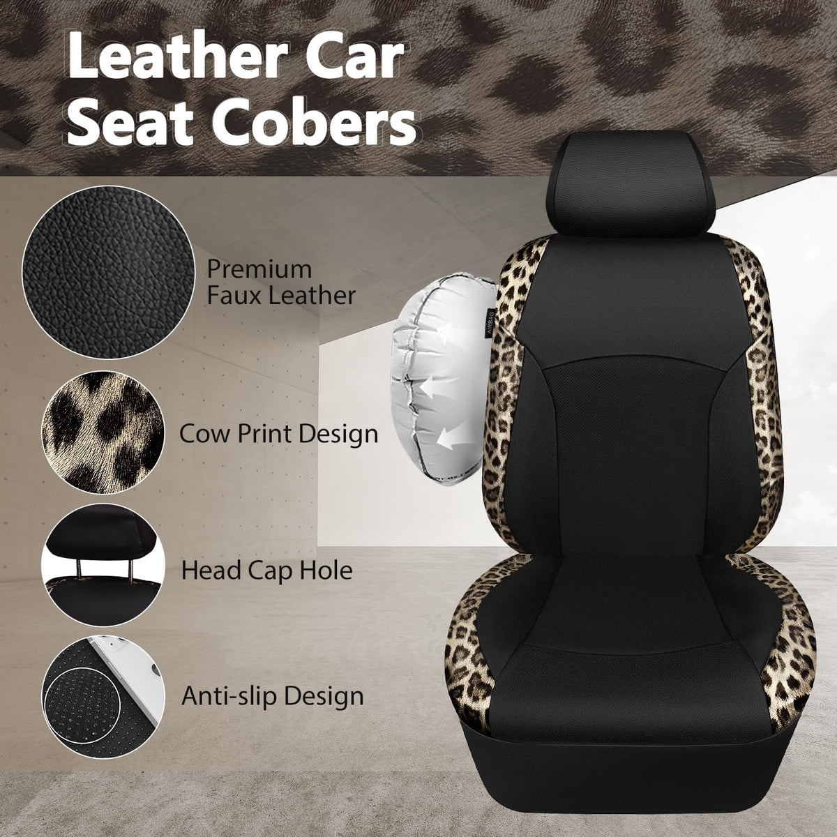 CAR PASS Waterproof Universal Car Floor Mats, Leopard Print Car Mats Fit for SUV,Vans,sedans, Trucks,Set of 4pcs Car Carpet with Driver Heel Pad and Nibs Backing, Leopard Car Accessories Gray Leopard
