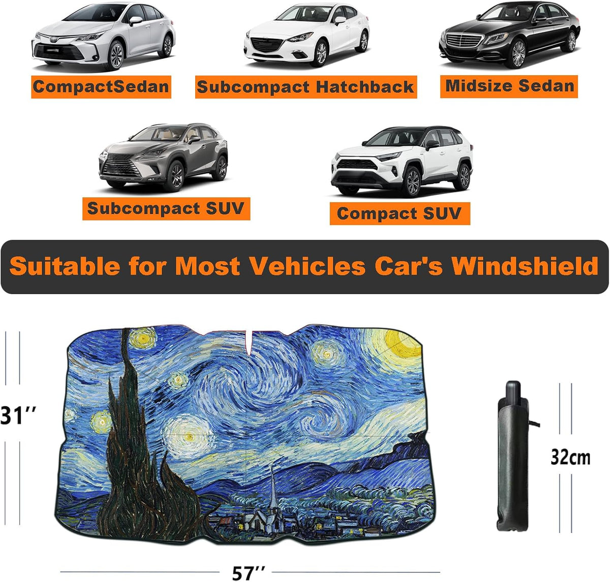 Windshield Sun Shade 2025 Car Accessories 100% Blackout Car Front Windsow Shades Umbrella Automotive Sun Visor Block Heat Insulation Protection (Black Eyes)
