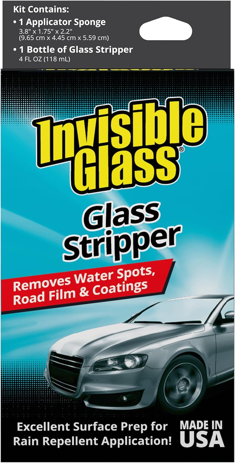 Invisible Glass 91411 Glass Stripper Water Spot Remover Kit – Cerium Oxide Based Auto Glass Polish for Windshields, Hard Water Spots, Road Films & Old Coatings – 4 Fl Oz