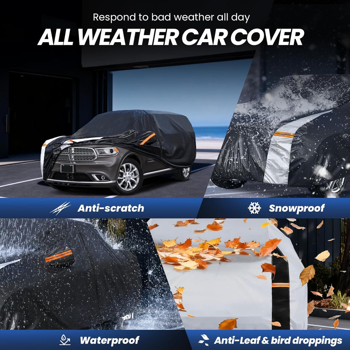 Large SUV Car Cover for Chevy Suburban 100% Waterproof All Weather, Heavy Duty Outdoor Full Exterior Covers Rain Sun Wind UV Protection. - Colors C