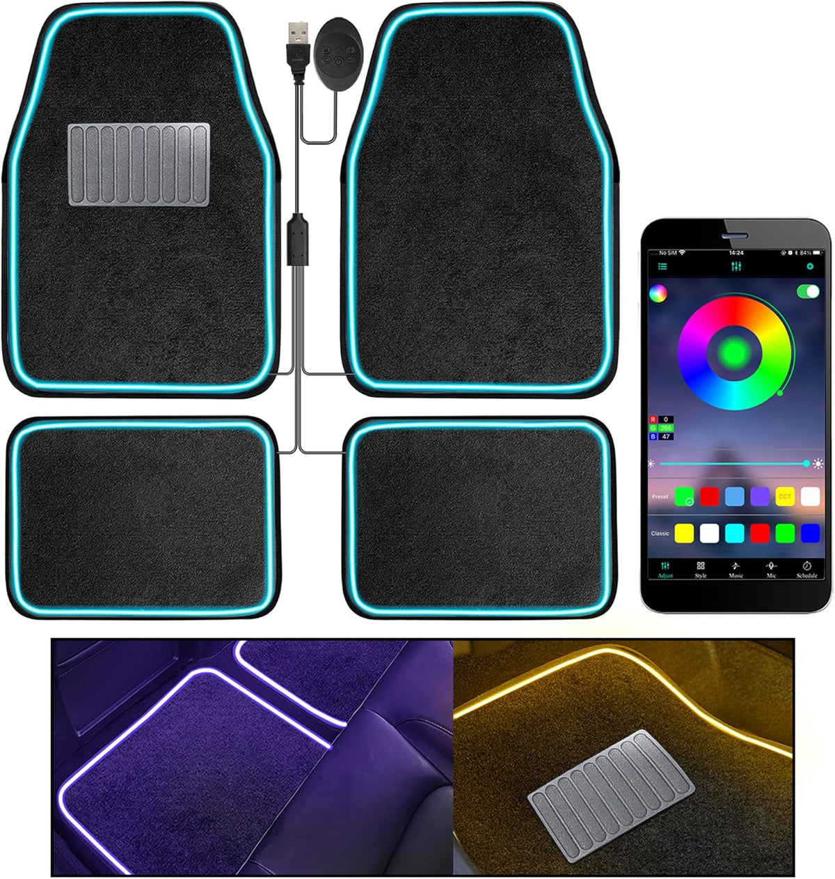 Soft Car Floor Mats With Led Strip Light, Universal Fit Black Automotive Carpet, App Control Interior Car Lights Floor Mats, Anti-Slip Waterproof RGB Car Decor Accessories For SUV, Trucks, Sedan,Jeeps