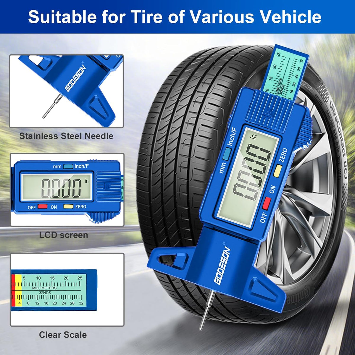 GODESON Tire Tread Depth Gauge, Digital Tire Tread Depth Gauge with 3 Modes-Fractional Inch, Decimal Inch and Millimeter, Tire Depth Gauge for Motorcycles, Cars, SUV, Easy to Read Tread Depth Gauge