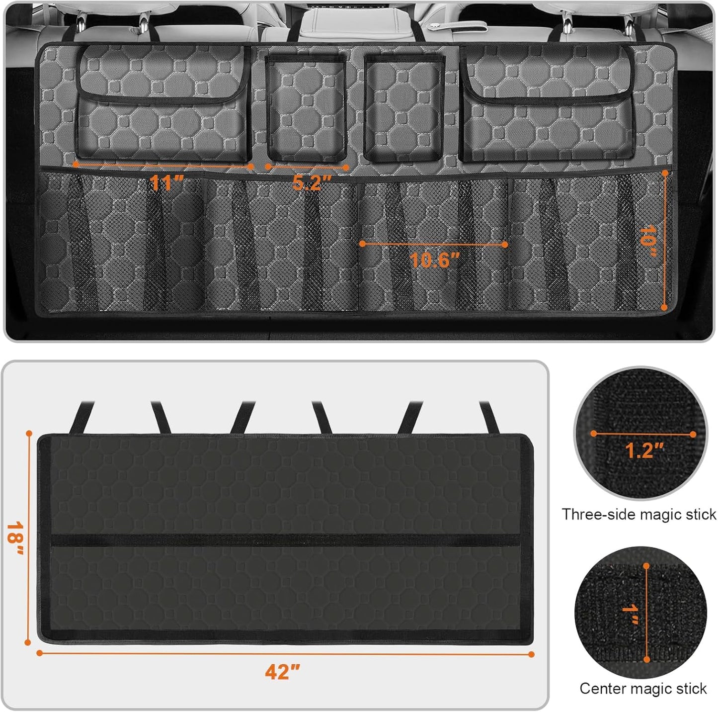 esouler Car Trunk Organizer, Super Capacity Backseat Car Organizer for SUV/Truck/MPV(42"*18"), Hanging Car Storage Organizer with 8 Pocekts, Car Accessories for Women and Men- Black
