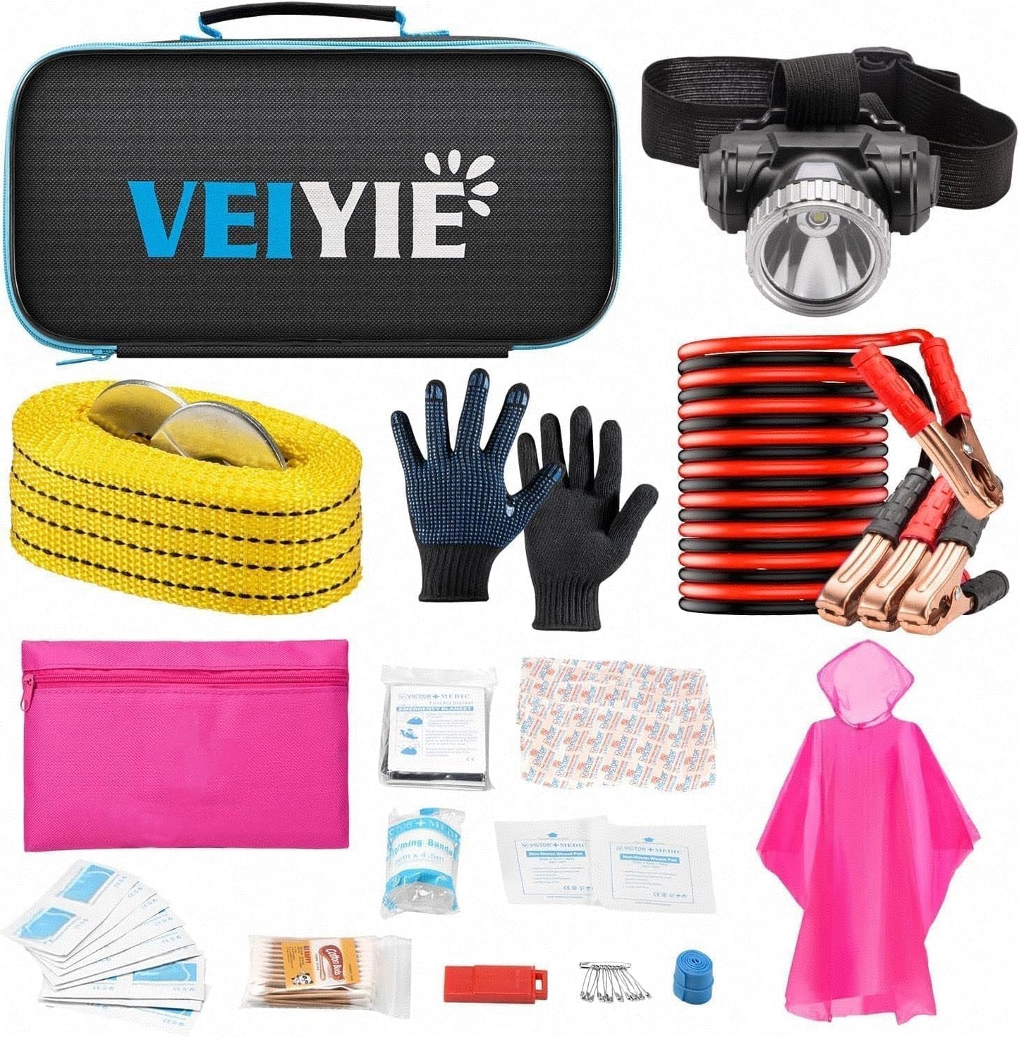 Roadside Car Emergency Kit, Winter Car Safety Kit with 10FT Jumper Cables, Tow Strap, Tool Kit, Reflective Warning Triangle, Road Trip Essentials, for New Drivers, Teens