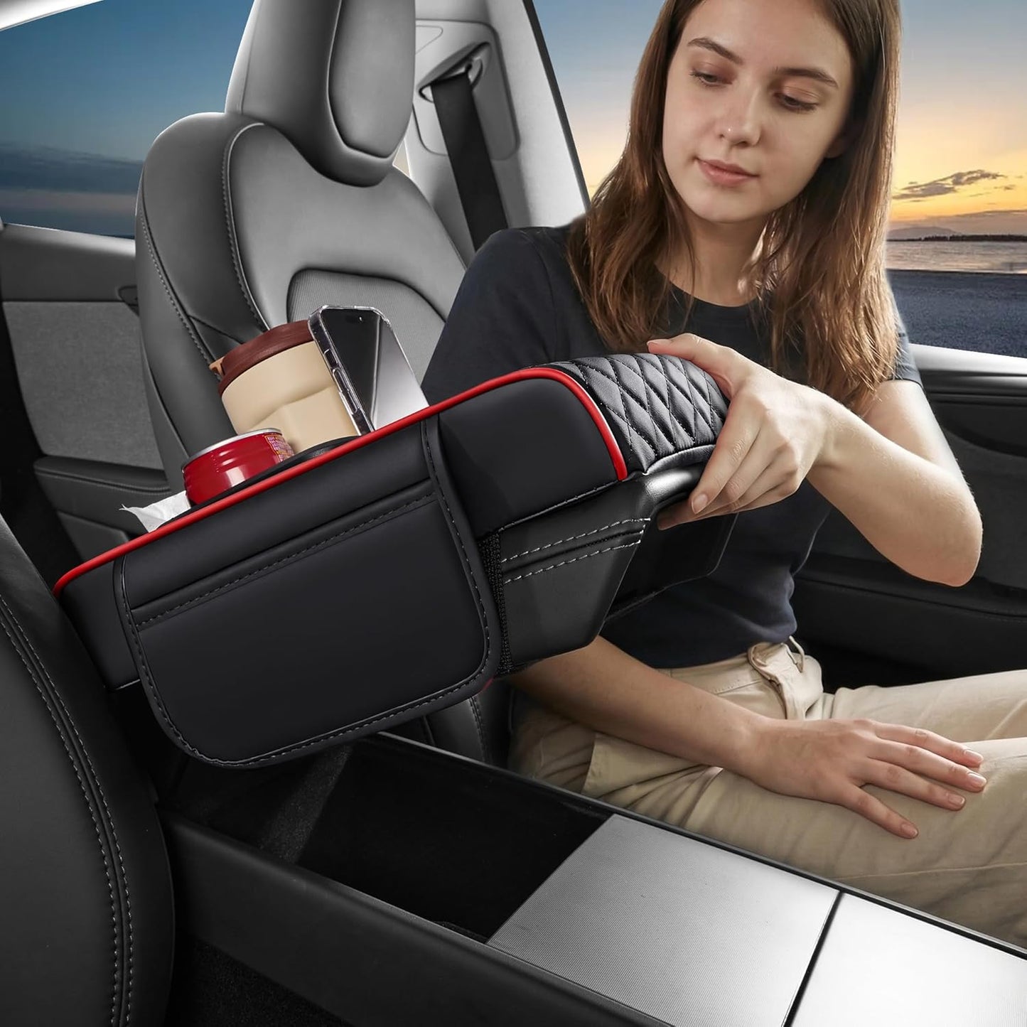 5 in 1 Car Center Console Cover, Armrest Pad with 2 Storage Pockets, Cup Holder, Tissue Slot, Phone Holder, Nappa Leather Memory Foam Car Accessories for SUV Sedan Truck (Black)