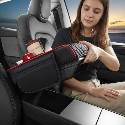 5 in 1 Car Center Console Cover, Armrest Pad with 2 Storage Pockets, Cup Holder, Tissue Slot, Phone Holder, Nappa Leather Memory Foam Car Accessories for SUV Sedan Truck (Black)
