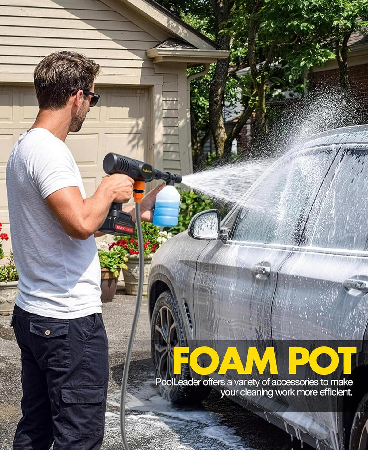 PoolLeader Cordless Car Washing Tool, Portable Vehicle Cleaner with 6-in-1 Nozzle & Foam Cannon, Battery Operated Cordless Car Wash Spray, Handheld Wash Machine for Car, Patio, Home - Lime Green