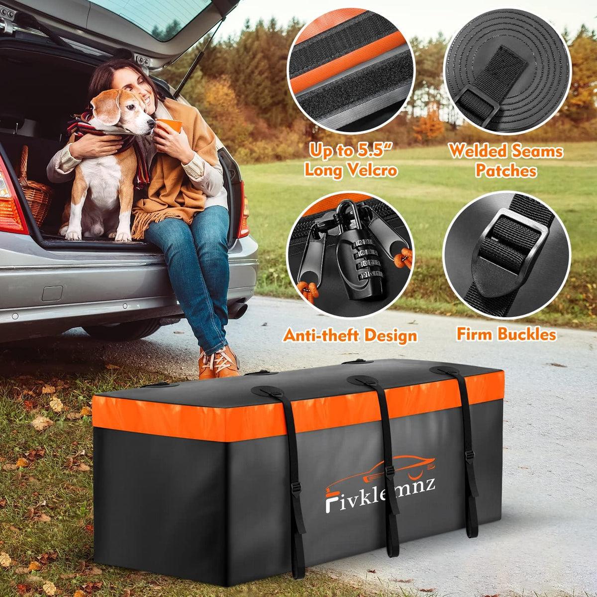FIVKLEMNZ Car Rooftop Cargo Carrier Roof Bag Waterproof for All Top of Vehicle with/Without Rack Includes Topper Anti-Slip Mat + Reinforced Straps + 6 Door Hooks + Luggage Lock