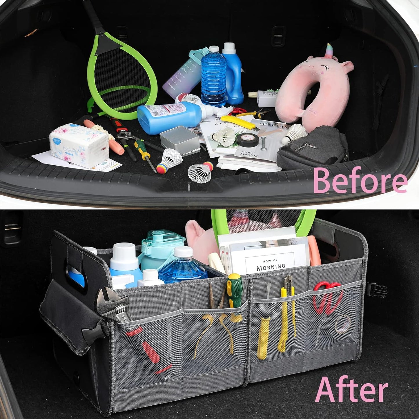AOKJOY Car Trunk Organizer Car Storage Organizer Collapsible Multi Compartment Car Organizer Adjustable Straps for SUV(Beige)