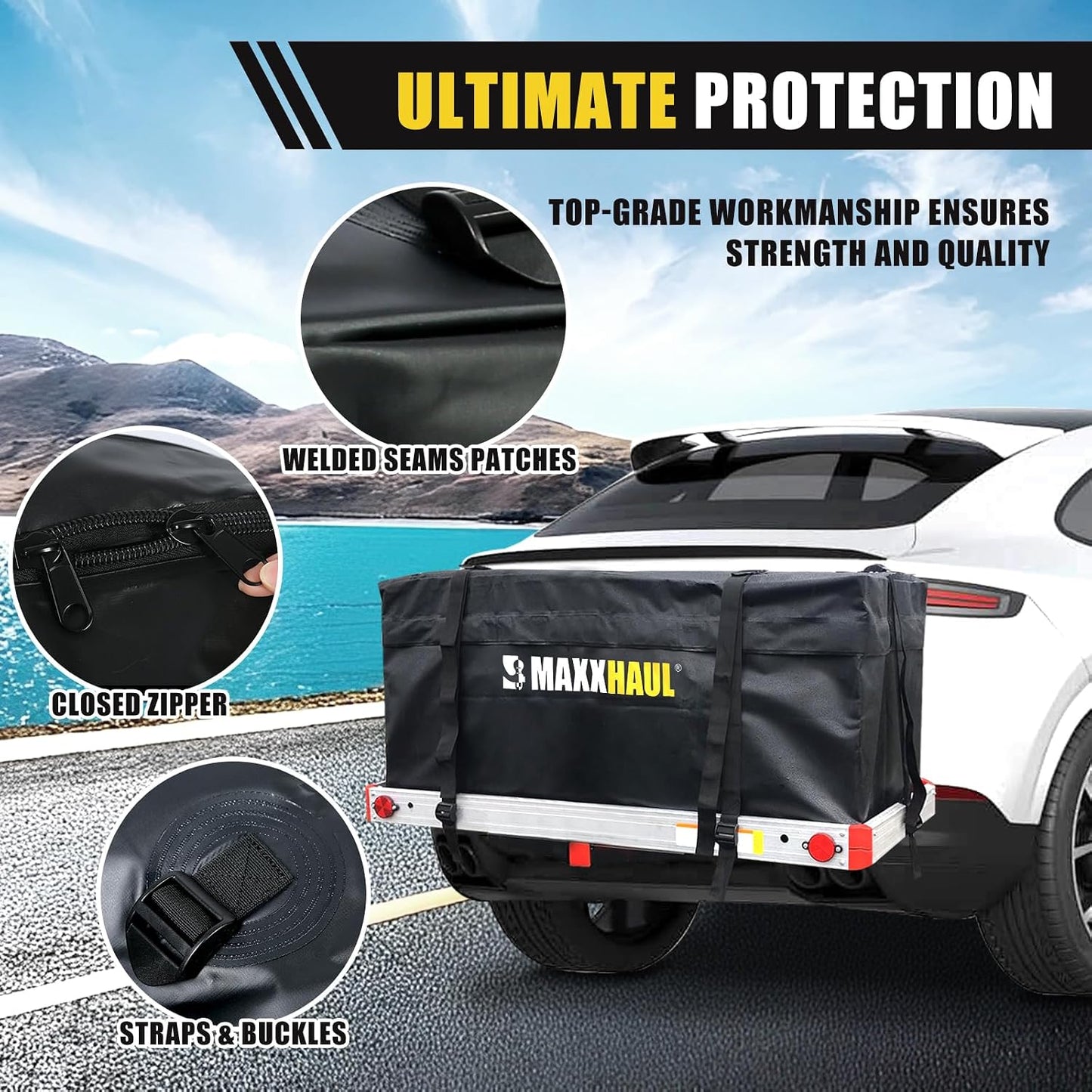 MaxxHaul Rooftop Cargo Bag 15 Cu Ft - Waterproof Universal Car Roof Carrier with Luggage Lock - No Rack Needed - Anti-Slip Mat - 100 lb Capacity - for Cars & SUV's (50719)