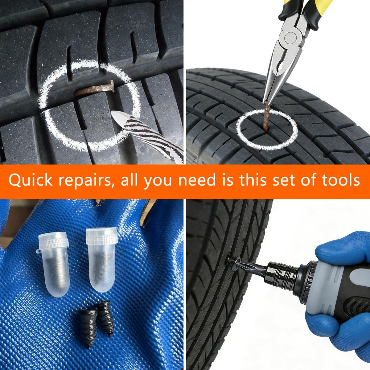 Tire Repair Kit, Tire Plug Kit, No Need to Remove Tire, Quick Flat Tire Repair Tool with Plug Screws, Portable Kit for Cars, Trucks, Motorcycles & SUVs